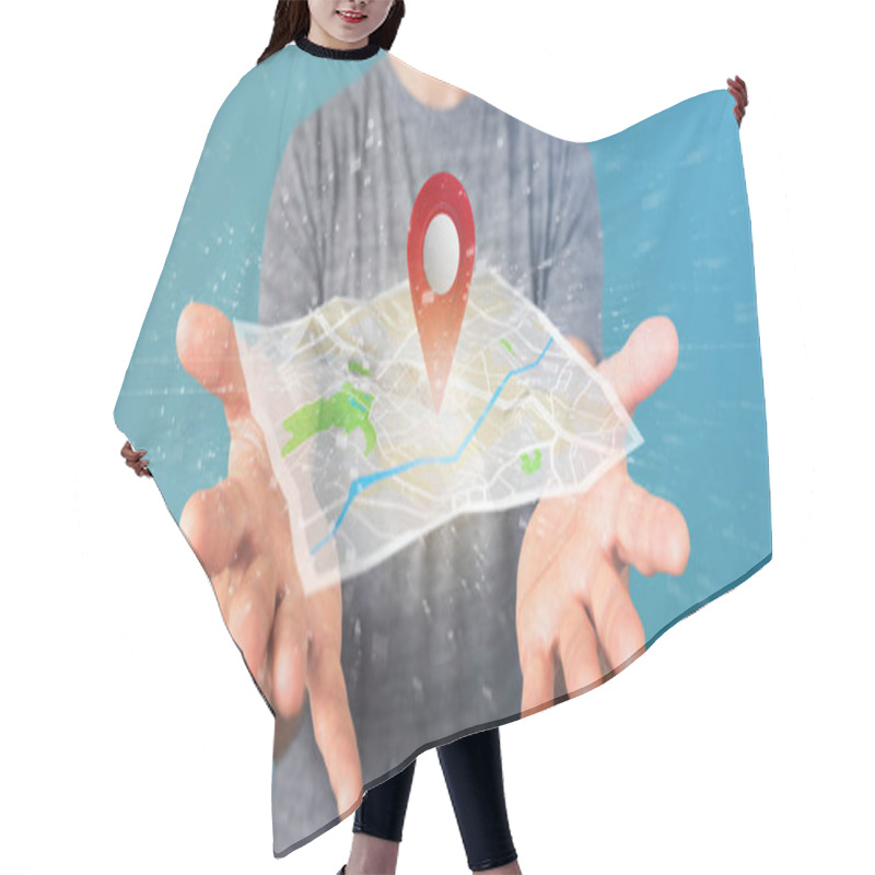 Personality  Businessman Holding Pin Holder On Map Hair Cutting Cape