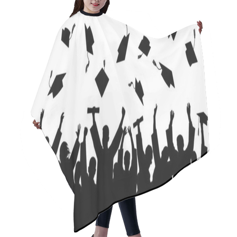 Personality  Graduated At University, College. Crowd Of Graduates In Mantles, Throws Up The Square Academic Caps. Cheerful People Silhouette Vector Hair Cutting Cape