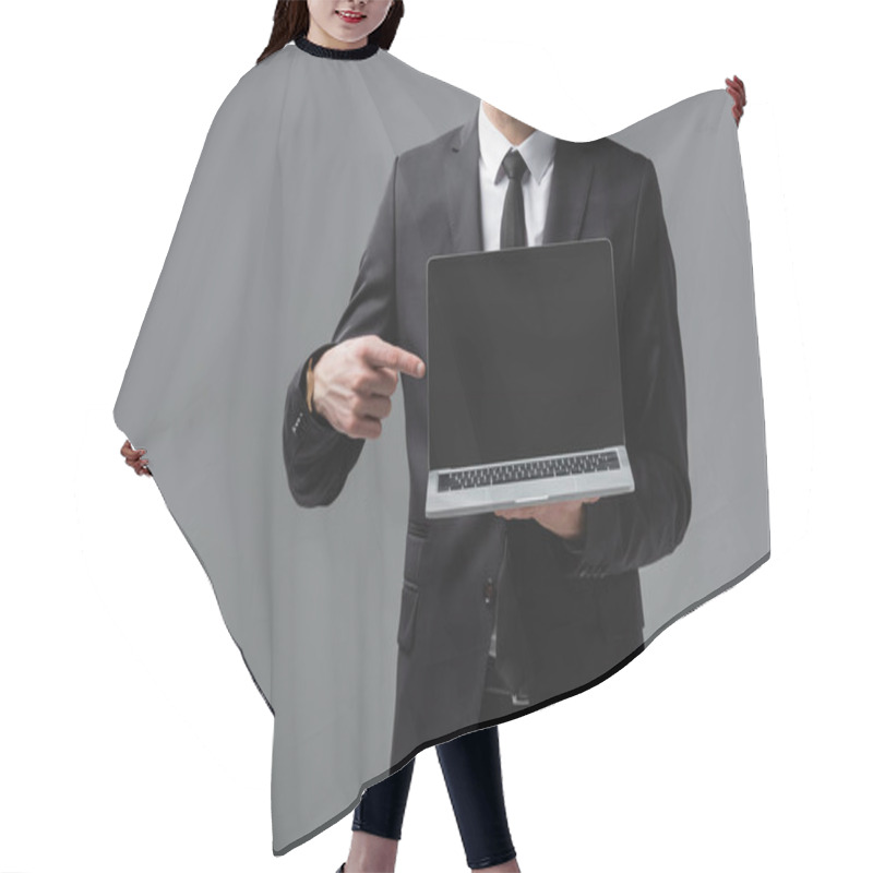 Personality  Cropped View Of Manager In Formal Wear Pointing At Laptop With Blank Screen Isolated On Grey Hair Cutting Cape