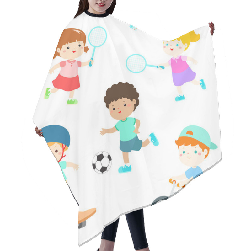 Personality  Kids In Various Sport Activity Vector Illustration Hair Cutting Cape