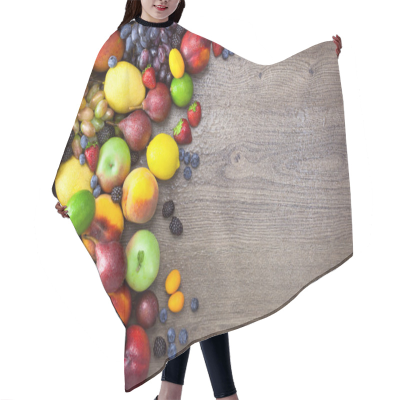 Personality  Different Organic Fruits  With  Water Drops On Wooden Table Back Hair Cutting Cape