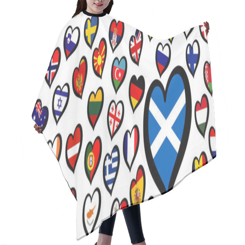 Personality  Scotland Flag And Different Countries Flags With Heart Flags Logo. For Europe, Eurovision Music Song Festival, Contest. Music Songs For Vision Dreams. Vector Euro TV Icon Pattern.  Hair Cutting Cape