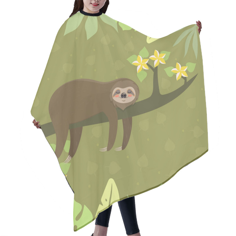 Personality  Sloth Rests On A Twig. Postcard Template. Vector Illustration. Hair Cutting Cape