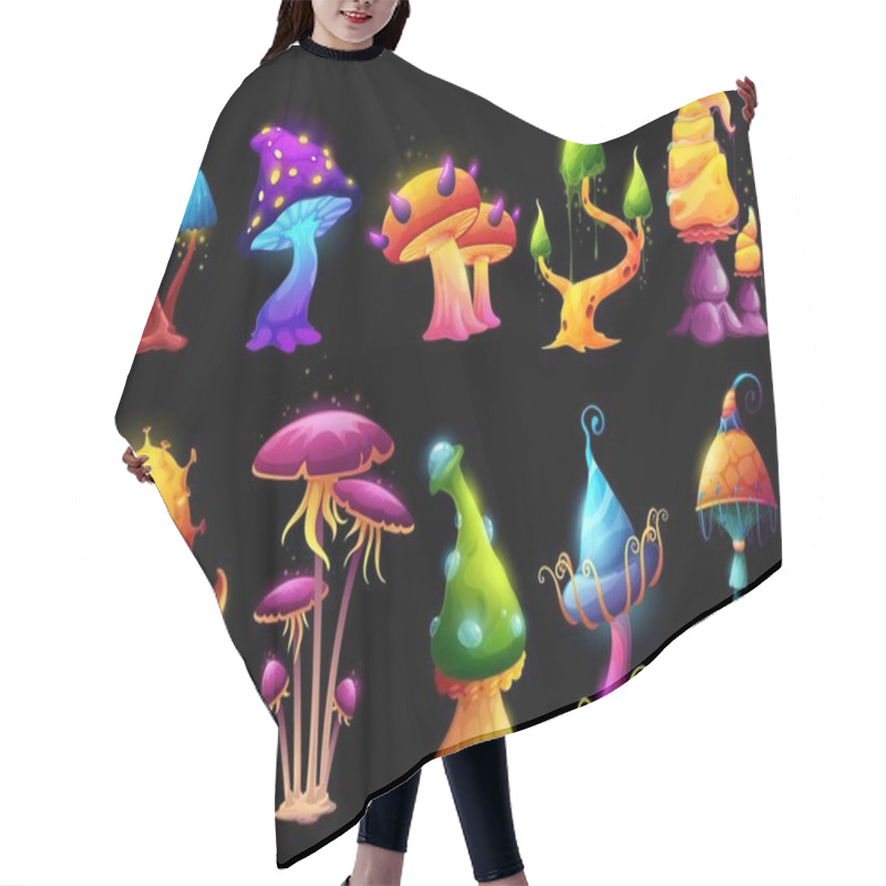 Personality  Fairy Fantasy Cartoon Mushrooms With Outgrowth And Thorns In Magic Forest. Vector Fungi And Fluorescent Toadstools, Fantastic Slime With Luminous Mystical Caps And Neon Light Glow Sparklers Hair Cutting Cape