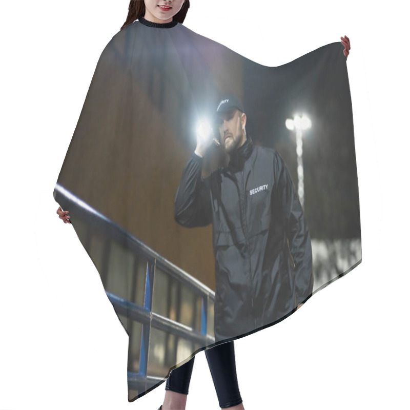 Personality  Security Guard Walking Building Perimeter With Flashlight At Night Hair Cutting Cape