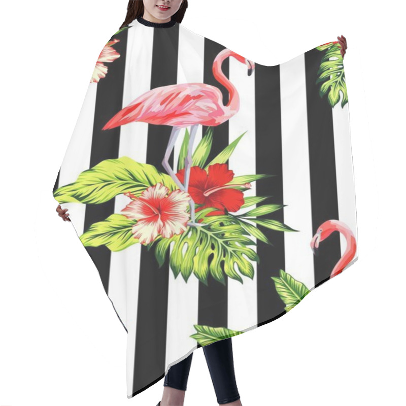 Personality  Flamingo And Hibiscus Tropical Pattern, Striped Background Hair Cutting Cape