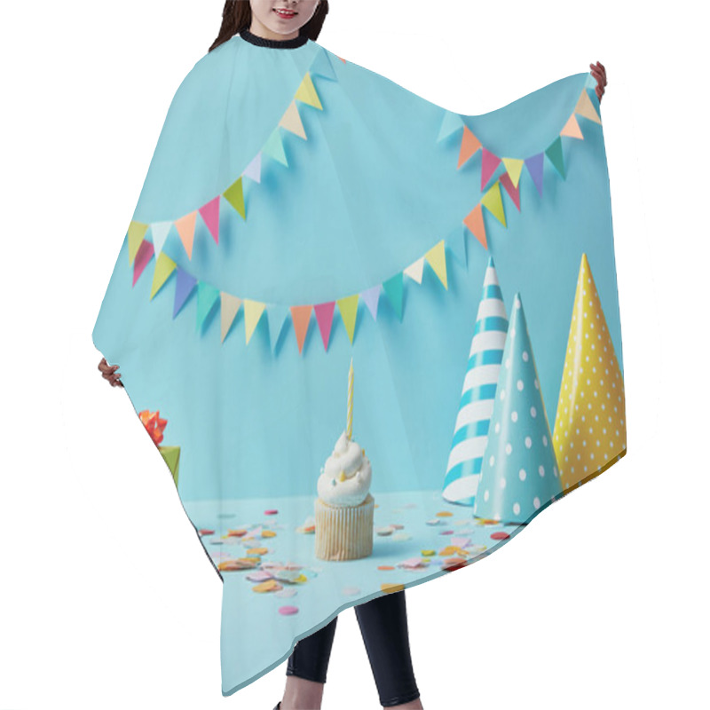 Personality   Delicious Cupcake, Party Hats, Confetti And Gifts On Blue Background With Colorful Bunting Hair Cutting Cape