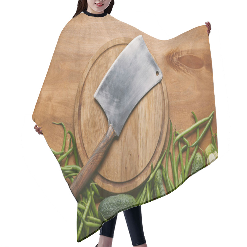 Personality  Metal Cleaver On Cutting Board With Green Vegetables On Wooden Table Hair Cutting Cape