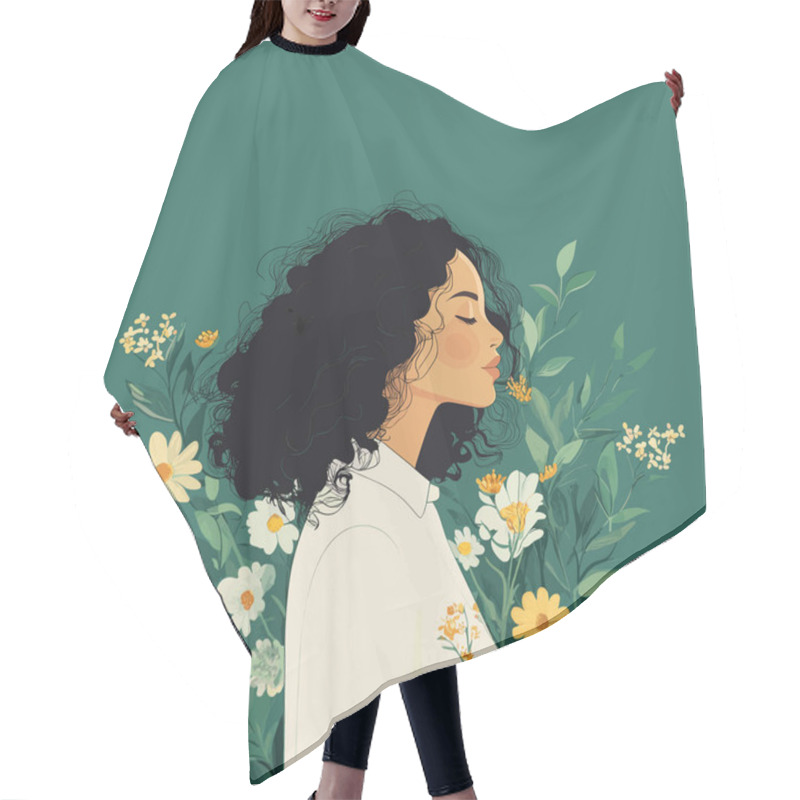 Personality  Serene Woman Amidst Blooming Flowers. A Peaceful Portrait. Vector Illustration. Minimalist Illustration Vector. Hair Cutting Cape