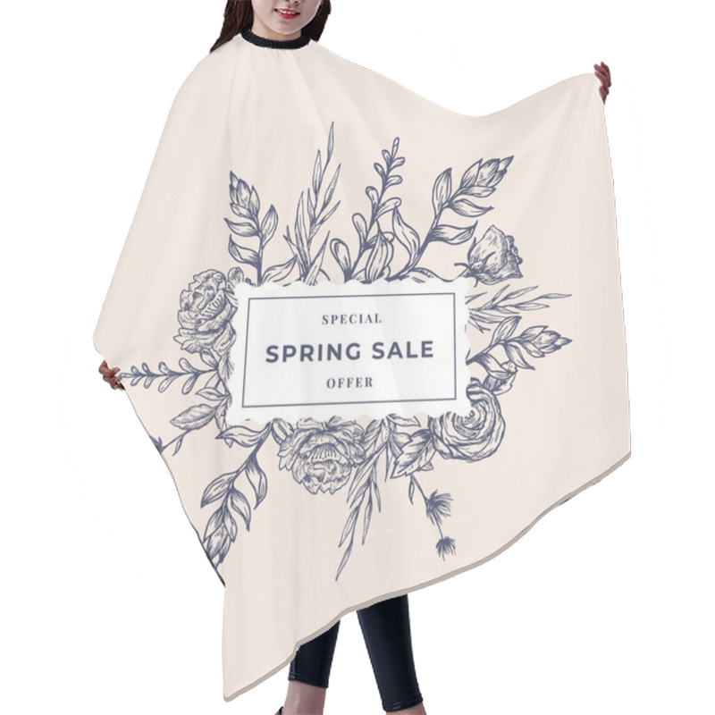 Personality  Spring Sale Abstract Botanical Label With Square Frame Floral Banner. Hand Drawn Rose And Peony Flowers, Leaves Sketches. Pastel Colors Special Offer Promo Advertising Layout. Hair Cutting Cape