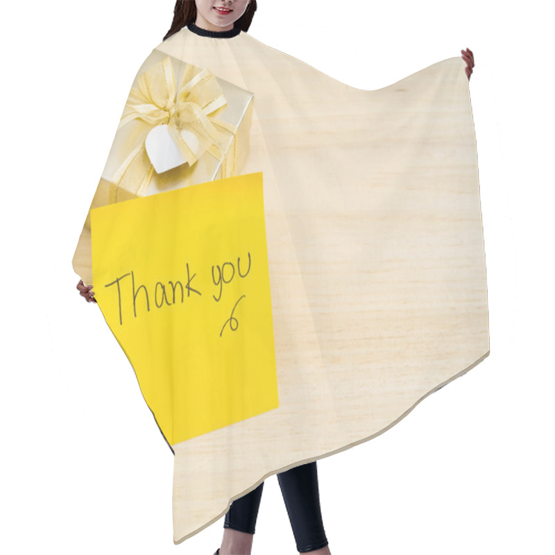 Personality  Thank You Words On Sticky Note With Gold Gift Box On Wood Backgr Hair Cutting Cape