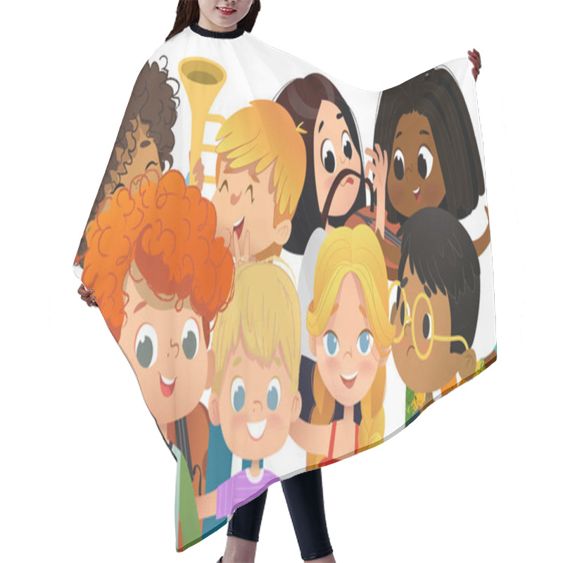 Personality  Group Of School Friends Taking Selfie. Multicultural Boys And Girls Shoot Themself On Smartphone. Kids Fooling Around On Camera. Group Kids Portrait. Vector Illustration. Hair Cutting Cape