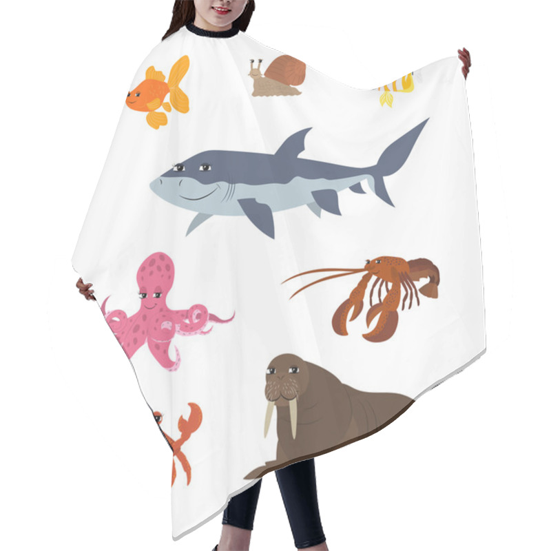 Personality  Cartoon Set: Goldfish Snail Shark Fish Butterfly Octopus Crab Walrus Lobster. Hair Cutting Cape