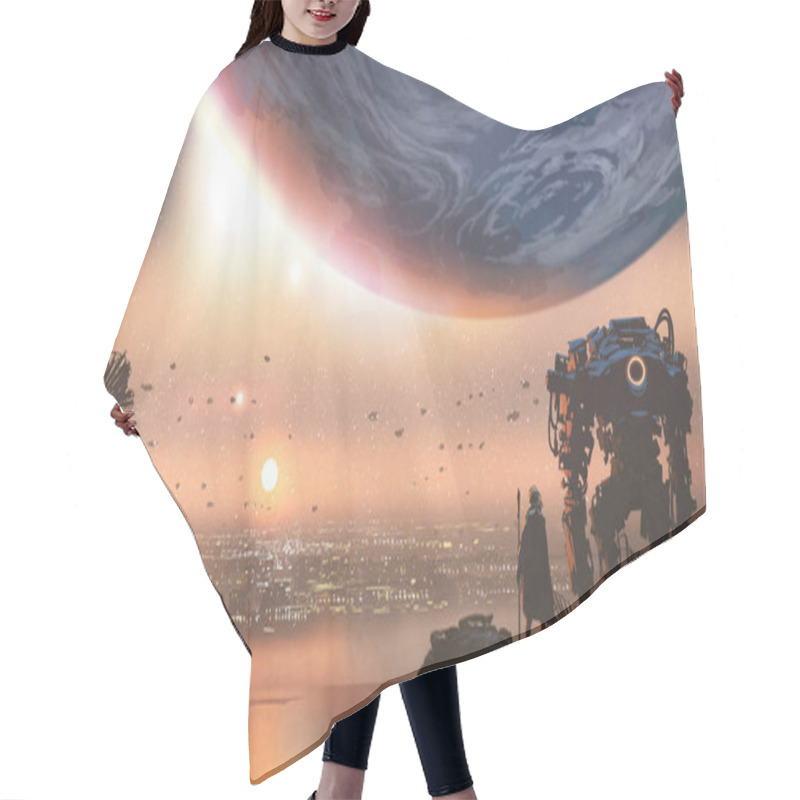 Personality  Journey Concept Showing A Man With Robot Looking At A New Colony In The Alien Planet, Digital Art Style, Illustration Painting Hair Cutting Cape