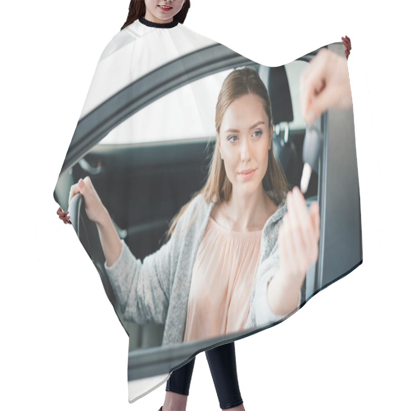 Personality  Woman Sitting In New Car  Hair Cutting Cape