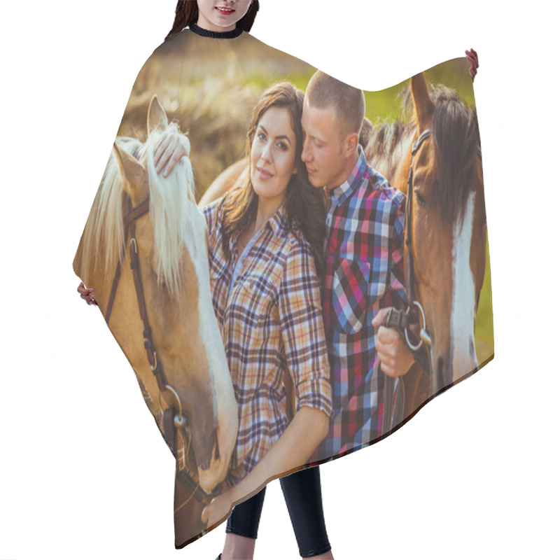 Personality  Couple Standing On Farm With Horses Hair Cutting Cape