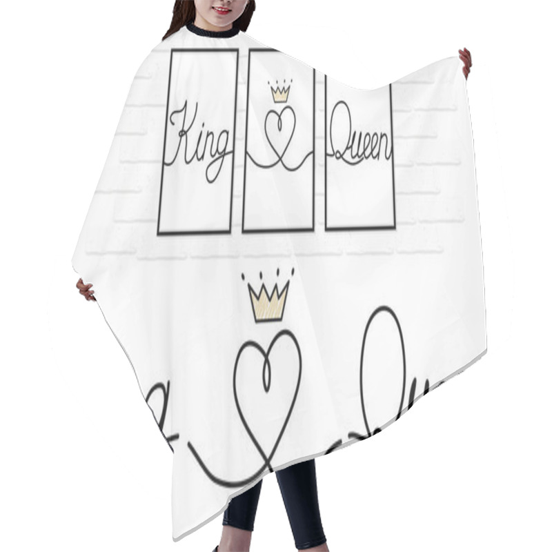 Personality  King Love Queen Written Black Ink On White Pure Paper. Lines Connected To Little Heart. Couple Design Decoration With Crown. Minimal Vector Wedding Logo. Canvas Printing. Gift For Valentine's Day Hair Cutting Cape