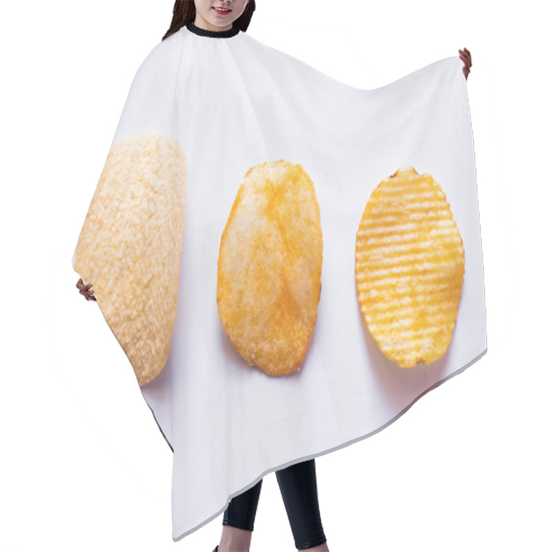 Personality  Top View Of Different Salty Potato Chips On White  Hair Cutting Cape