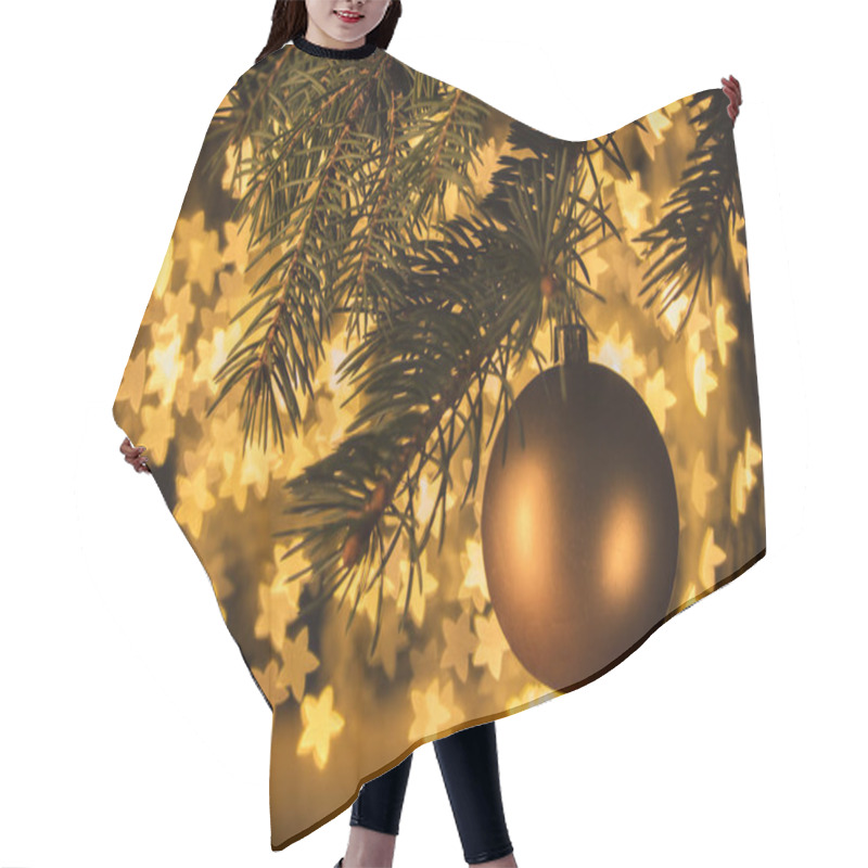 Personality  Close Up View Of Golden Christmas Ball Hanging On Pine Tree With Stars Bokeh Lights Background Hair Cutting Cape