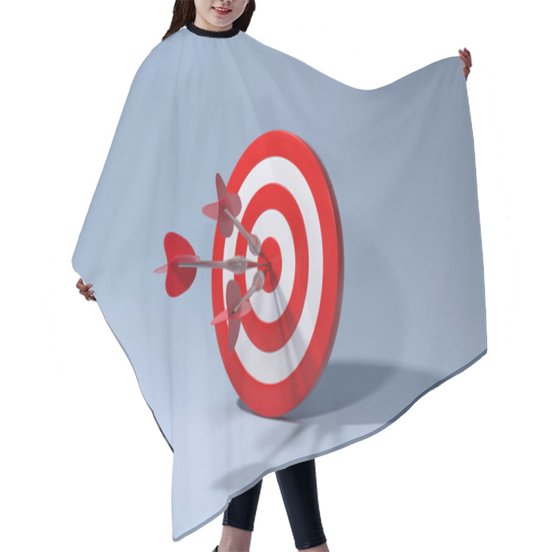 Personality  Red Dart With Arrow Hitting Target On Blue Background. Business Aiming At The Target Concept. 3d Rendering. Hair Cutting Cape