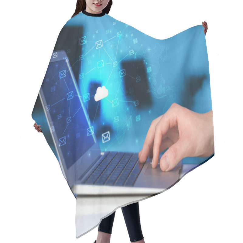 Personality  Hand Using Laptop With Centralized Cloud Computing System Concept Hair Cutting Cape