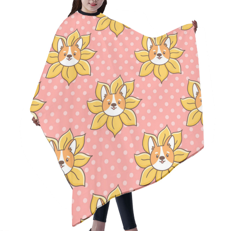 Personality  Cute Seamless Pattern With Corgi Dog Peeks Out Of A Sunflower, On A Pink Background. It Can Be Used For Packaging, Wrapping Paper, Textile, Home Decor Etc. Hair Cutting Cape