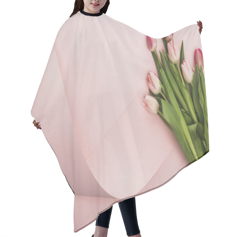 Personality  Top View Of Pink And Purple Tulips Near Paper Swirl On Pink Background Hair Cutting Cape