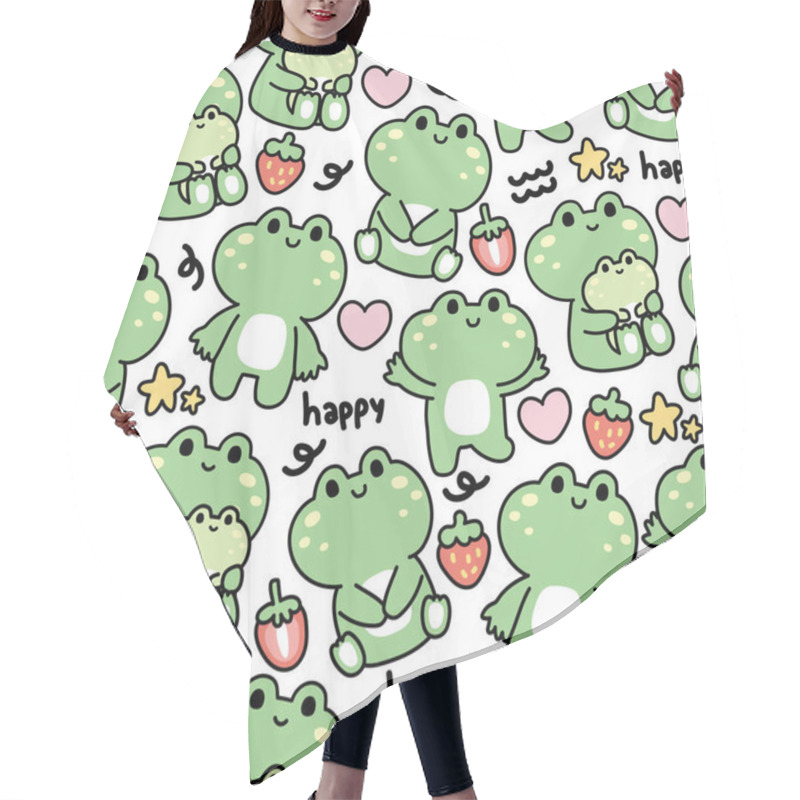 Personality  Seamless Pattern Of Cute Frog In Various Poses With Tiny Icon On White Background.Heart,strawberry,star,happy Text Hand Drawn.Reptile Animal Character Cartoon Design.Kawaii.Vector.Illustration. Hair Cutting Cape