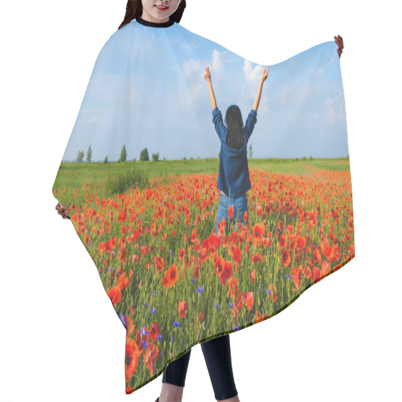 Personality  Happy Lady 59 Years Old In Blue Clothes Stands In The Field Of Poppies Turned Back. The Woman Raised Her Hands In The Sky. Summer Morning In Ukraine. Copy Space. Hair Cutting Cape