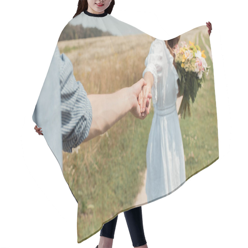 Personality  Partial View Of Smiling Woman With Bouquet Of Wild Flowers And Boyfriend Holding Hands In Field Hair Cutting Cape