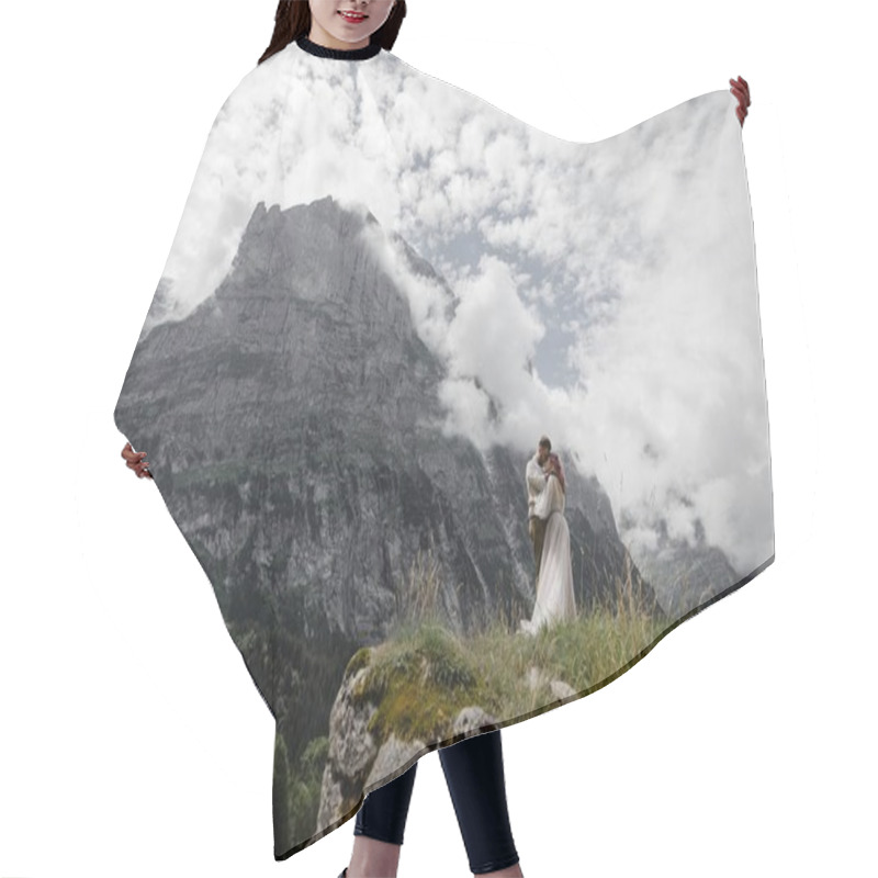 Personality  Beautiful Young Wedding Couple Hugging In Majestic Mountains, Alps Hair Cutting Cape