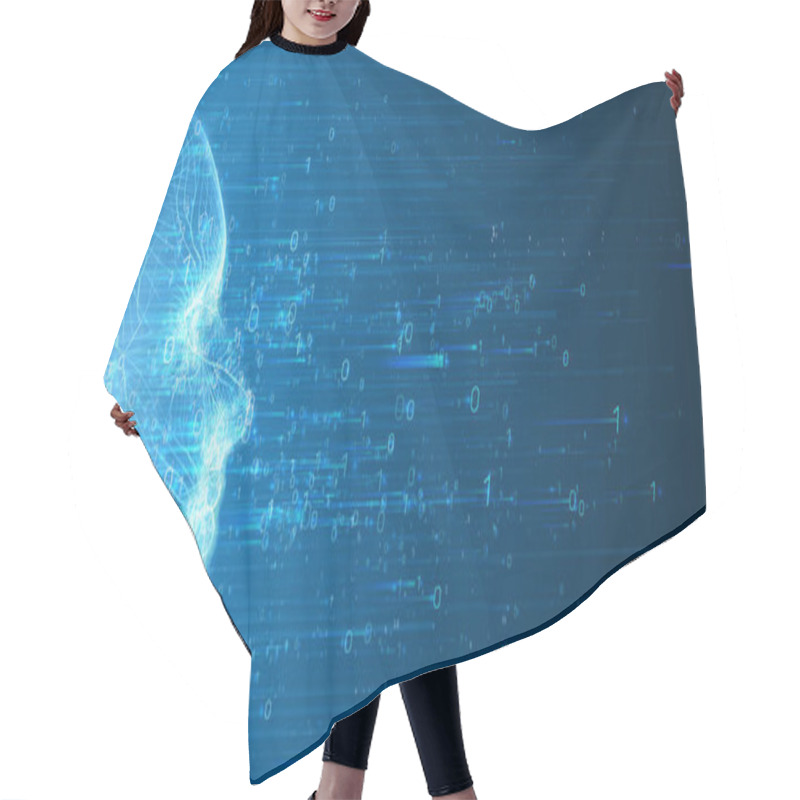 Personality  Human Big Data Visualization. Futuristic Artificial Intelligence Concept. Cyber Mind Aesthetic Design. Machine Learning. Complex Data Threads In Form Of Head Side View And Binary Data Hair Cutting Cape