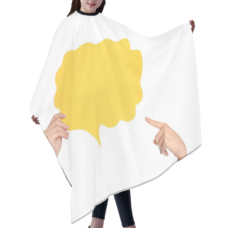 Personality  Female Hands With Blank Speech Bubble On White Background Hair Cutting Cape