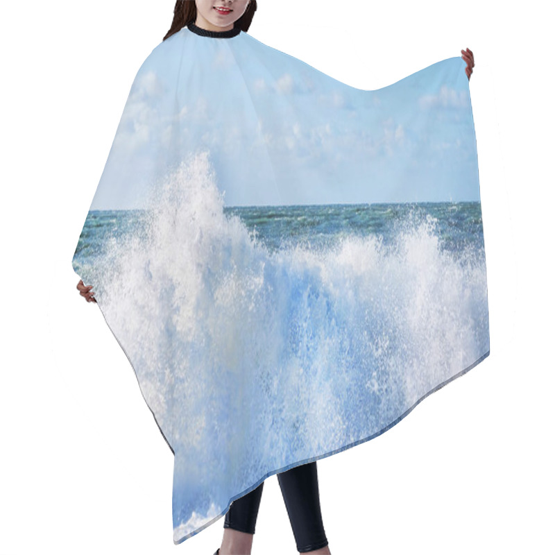 Personality  White Spray Of A Wave Breaking On The Beach With A Rough Sea And Hair Cutting Cape