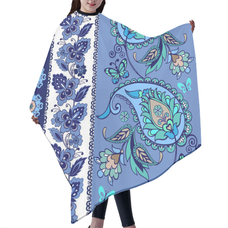 Personality  Set Of Oriental Borders With Paisley In Blue. Set Of Lace Bohemian Seamless Borders. Stripes With Blue Floral Motifs. Decorative Ornament Backdrop For Fabric, Textile, Wrapping Paper.  Hair Cutting Cape