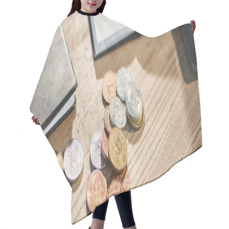 Personality  Golden And Silver Bitcoins Near Notebooks On Work Desk In Contemporary Office, Horizontal Banner Hair Cutting Cape