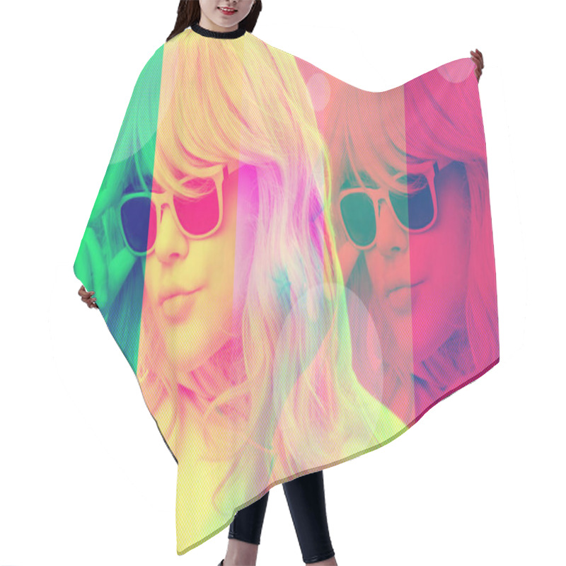 Personality  Art Collage With Alternative Funky Girl With Overlay Effect On Bright Multicolors Background. Close Up Fashion Portrait Young Beautiful Woman In Glasses. Unusual Youth Fashion Concept Hair Cutting Cape