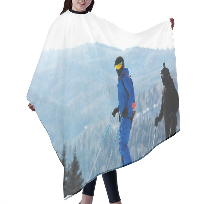 Personality  People Skiing On Snowy Hill In Mountains. Winter Vacation Hair Cutting Cape