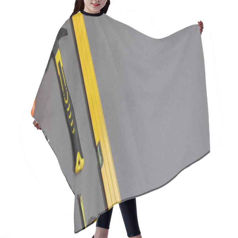 Personality  Panoramic Shot Of Spirit Level, Hammer, Angle Keys, Work Helmet, Stapler And Measuring Tape On Grey Background Hair Cutting Cape