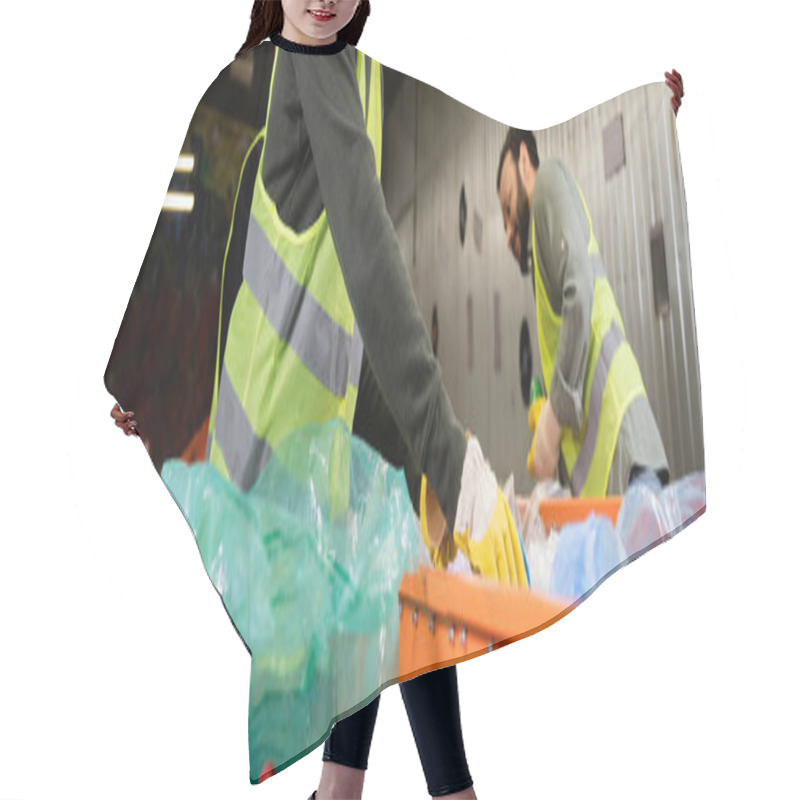 Personality  Male Worker In Protective Gloves And Reflective Vest Taking Garbage From Conveyor Near Plastic Bag And Blurred Indian Colleague At Background In Waste Disposal Station, Recycling Concept, Banner  Hair Cutting Cape