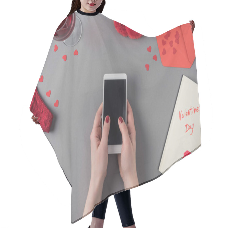 Personality  Cropped Image Of Woman Holding Smartphone In Hands, Notebook With Words Valentines Day Hair Cutting Cape