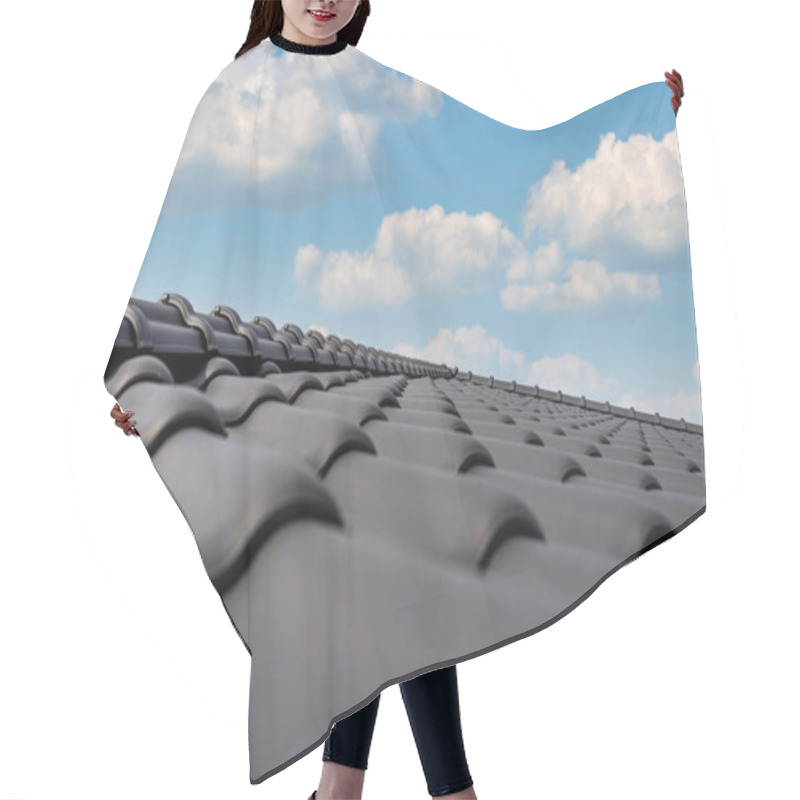 Personality  Ridge Tile On The Roof Of A Single-family House Covered With A New Ceramic Tile In Anthracite Against The Blue Sky. Hair Cutting Cape