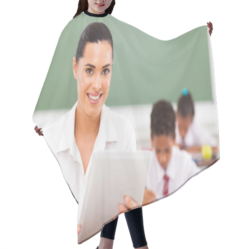 Personality  School Teacher Using Tablet Computer In Classroom Hair Cutting Cape