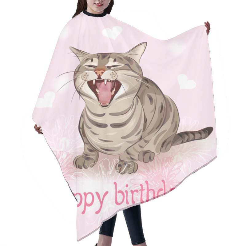 Personality  Happy Birthday Card. Funny Cat Sings Greeting Song. Pink Backg Hair Cutting Cape