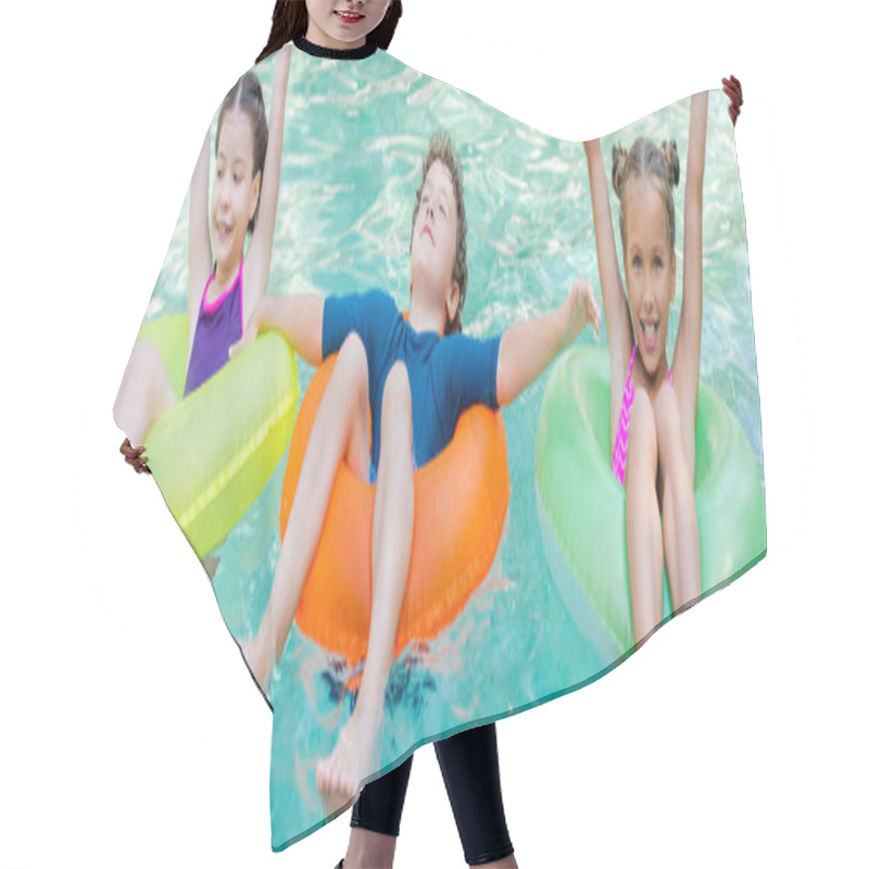 Personality  Panoramic Concept Of Girls With Hands In Air And Boy With Closed Eyes Swimming In Pool On Inflatable Rings Hair Cutting Cape