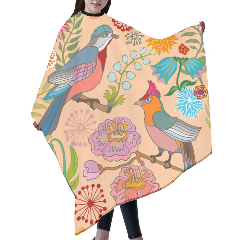 Personality  Paradise Garden. Silk Scarf Pattern With Cherry Flowers And Fantasy Birds. Hair Cutting Cape