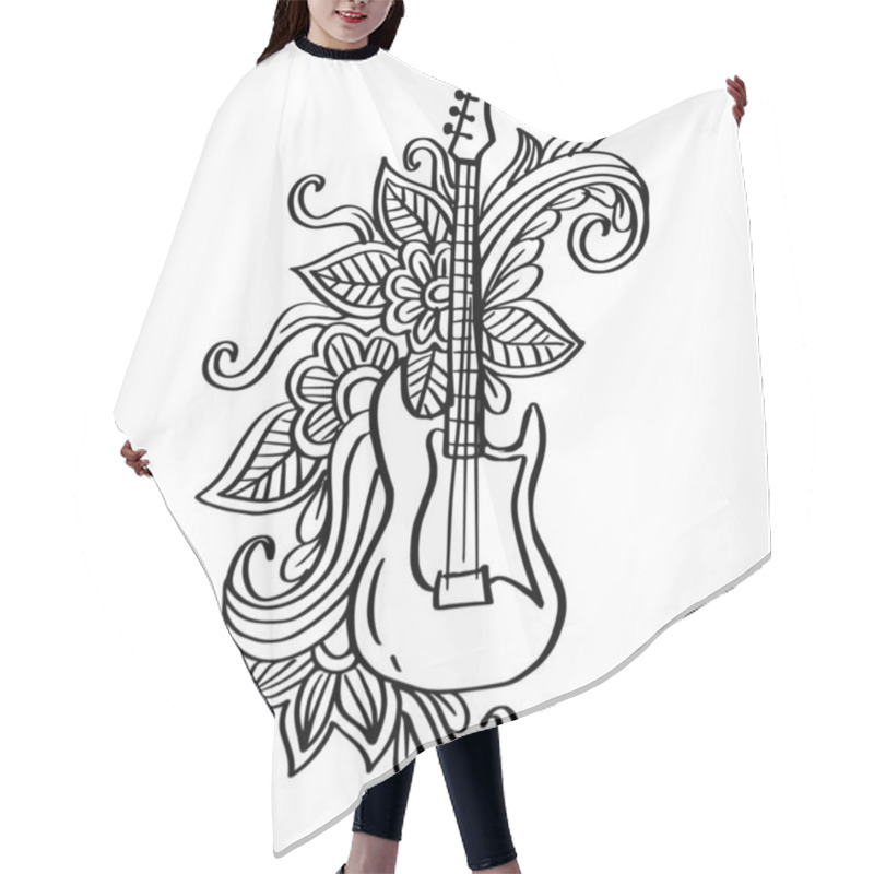 Personality   Doodle Drawing Guitar Illustration With Floral Ornament. Hair Cutting Cape