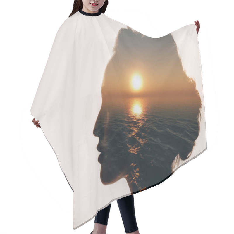 Personality  Psychology Concept. Sunrise And Woman Silhouette. Hair Cutting Cape