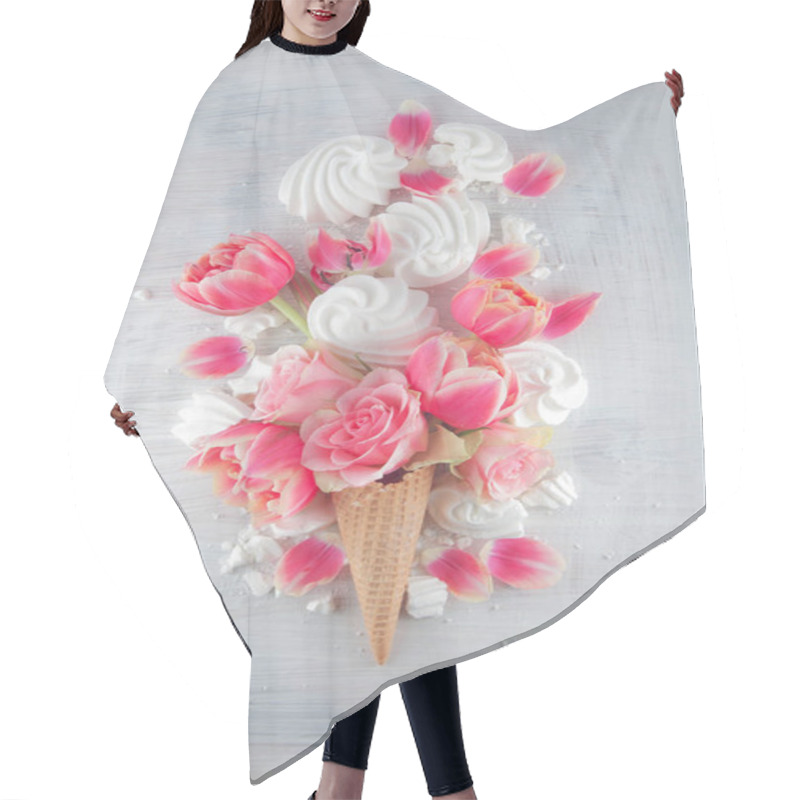 Personality  Flatlay Waffle Sweet Ice Cream Cone With Pink Tulips And Roses Blossom Flowers Over White Wood Background, Top View. Spring Or Summer Mood Concept. Hair Cutting Cape