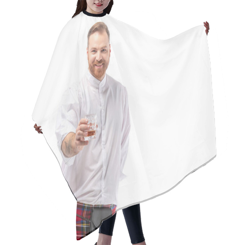 Personality  Smiling Scottish Redhead Man In Red Kilt With Whiskey In Glass Isolated On White Hair Cutting Cape